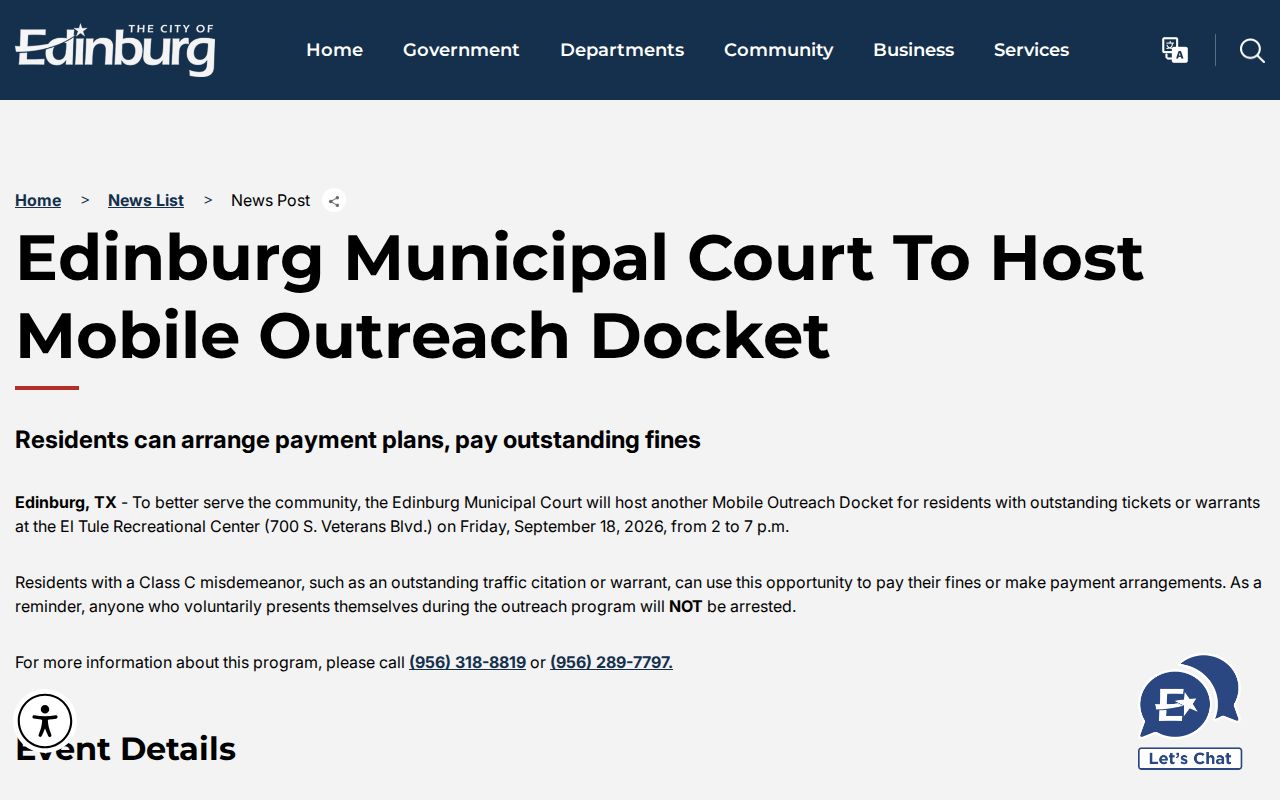 Edinburg warrant records mobile outreach docket announcement