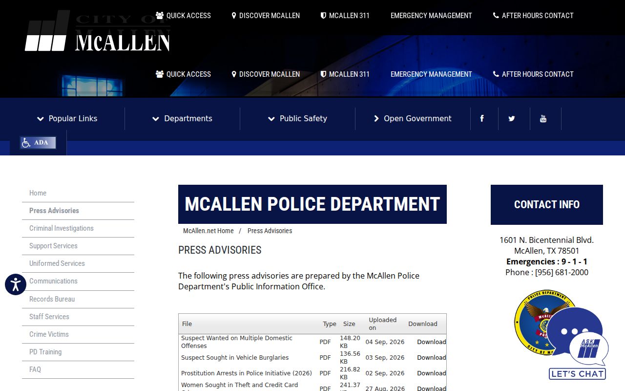 Hidalgo County active warrant information through the McAllen police advisory index