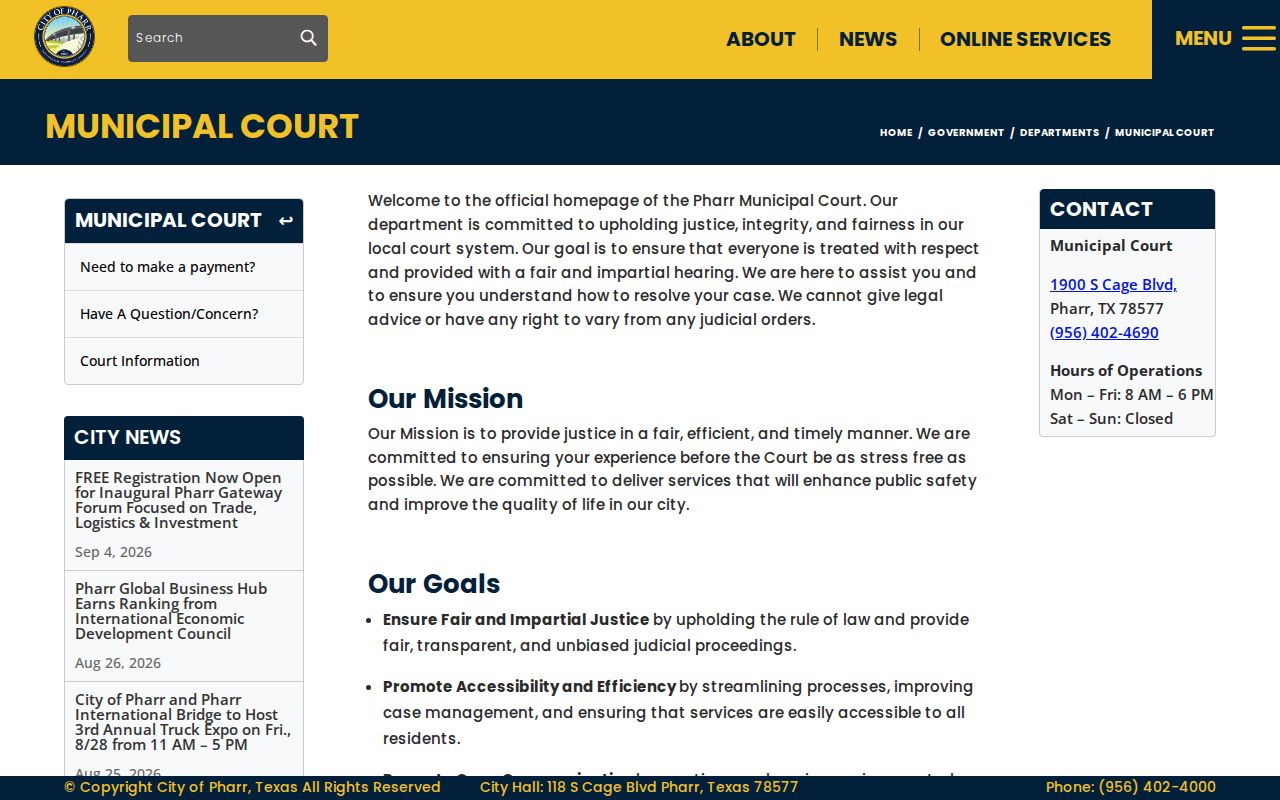 Pharr warrant records and municipal court contact block in Hidalgo County