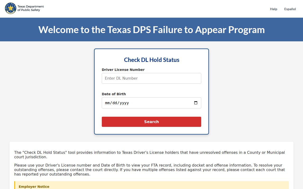 Hidalgo County traffic warrant FTA reported-violation status service