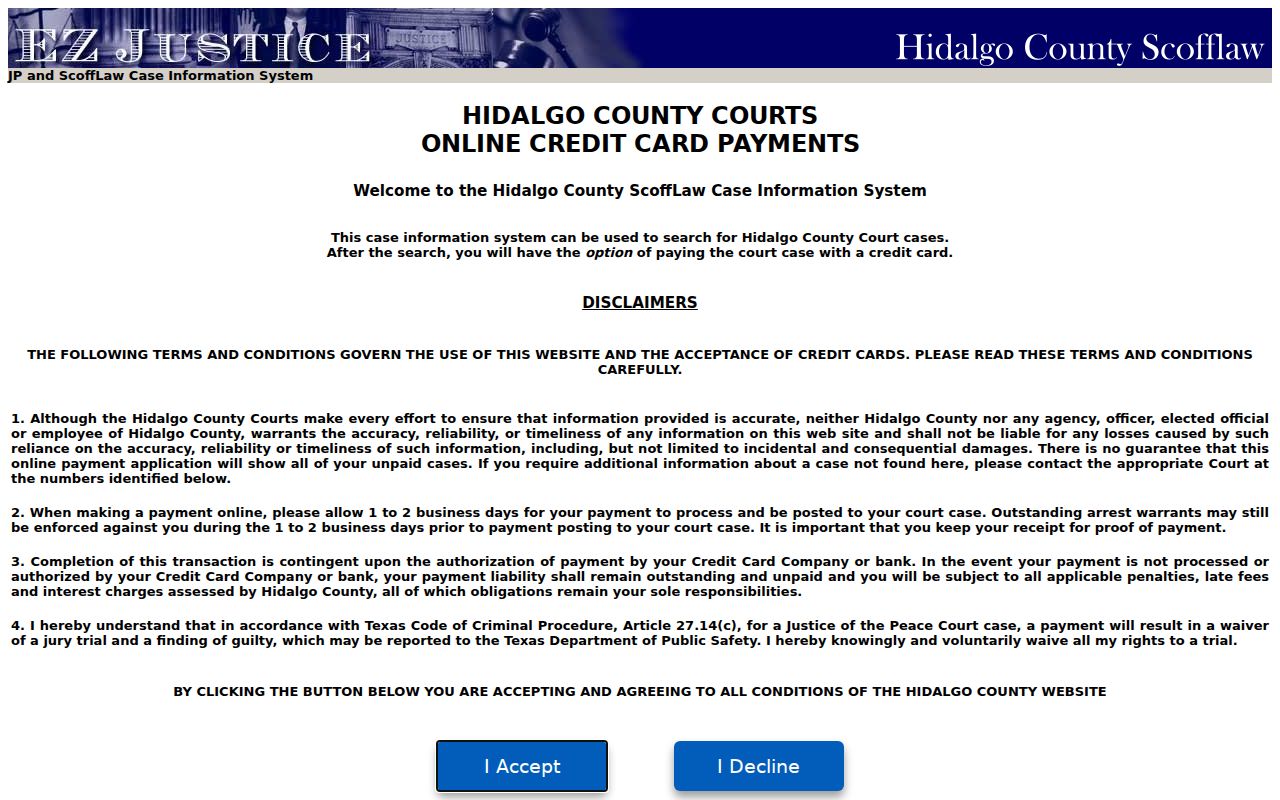 Hidalgo County warrant and JP ScoffLaw payment acceptance screen