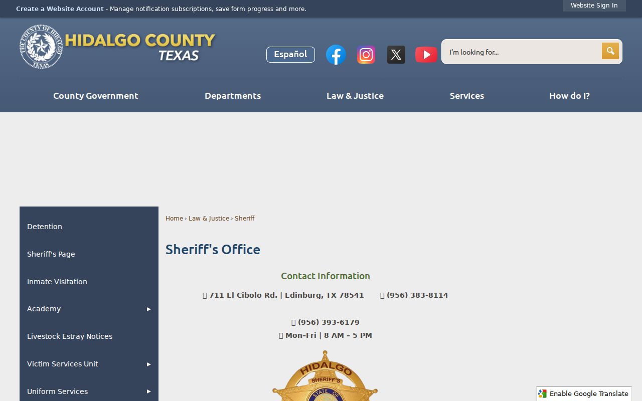 Hidalgo County arrest warrant service contact at the Sheriff’s Office